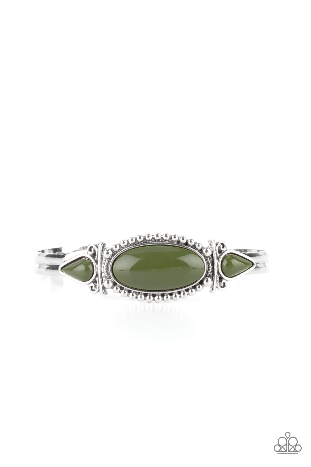Infused with studded and filigree detail, two teardrop green beads flank an oversized oval green bead atop a dainty silver cuff for a colorful tribal inspired fashion. Sold as one individual bracelet.