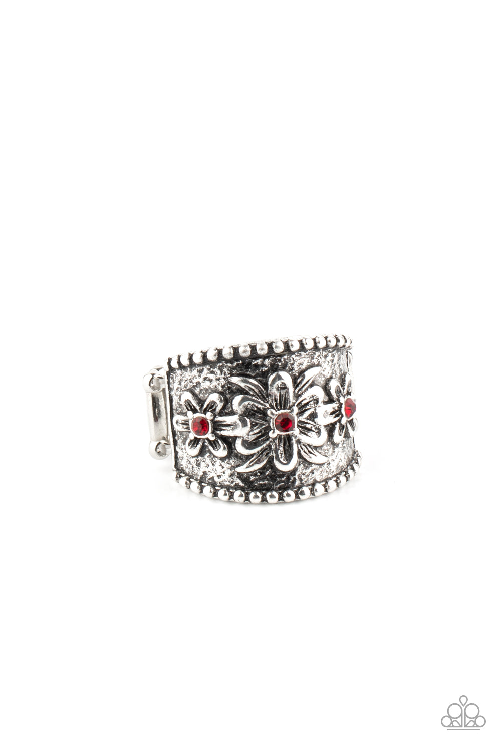 Dotted with dainty red rhinestone centers, tropical inspired flowers are embossed across the front of an antiqued studded silver band for a whimsical display. Features a stretchy band for a flexible fit. Sold as one individual ring.