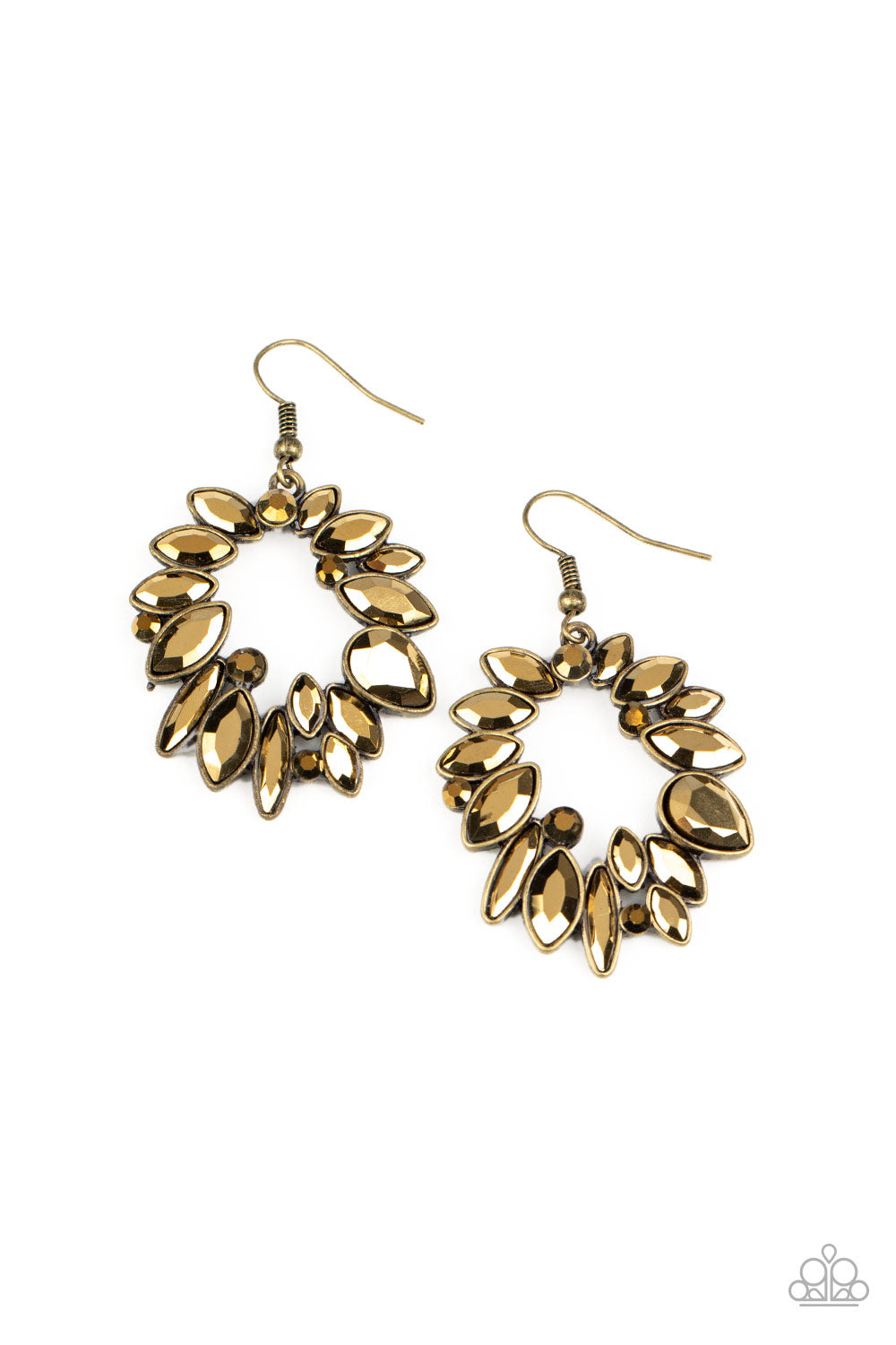 An explosion of round, teardrop, and marquise cut aurum rhinestones haphazardly coalesce into a smoldering frame. Earring attaches to a standard fishhook fitting. Sold as one pair of earrings.