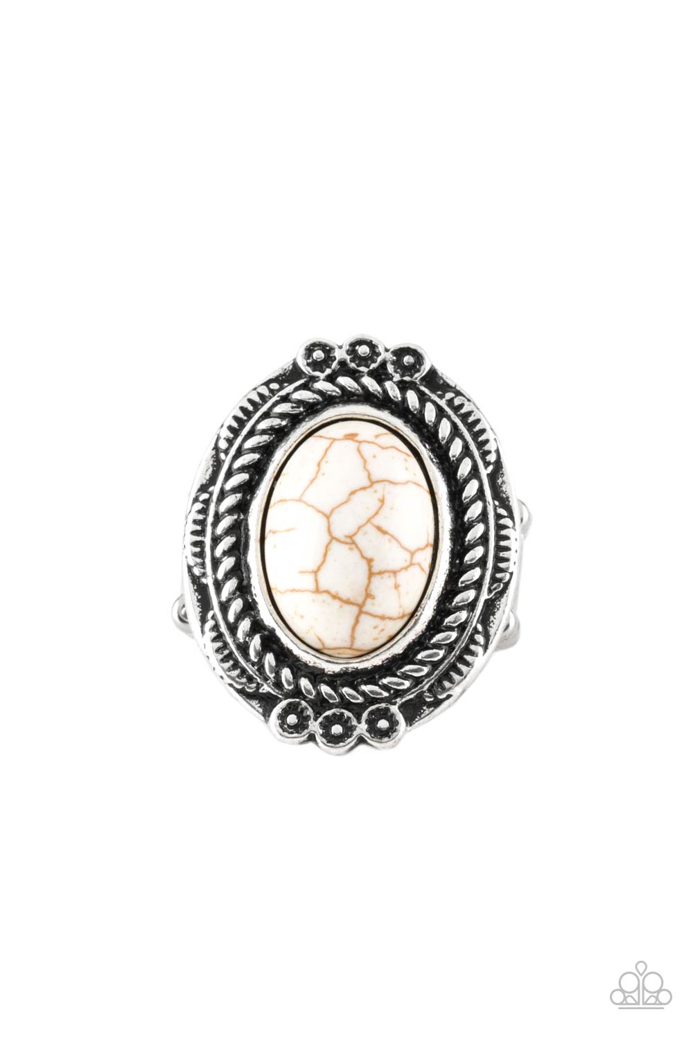 A refreshing white stone is pressed into an antiqued silver frame radiating with floral detail for a seasonal look. Features a stretchy band for a flexible fit. Sold as one individual ring.