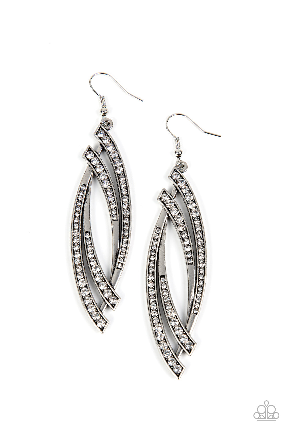 Curving silver bars are encrusted in sections of dazzling white rhinestones, resulting in a radiant lure. Earring attaches to a standard fishhook fitting. Sold as one pair of earrings.