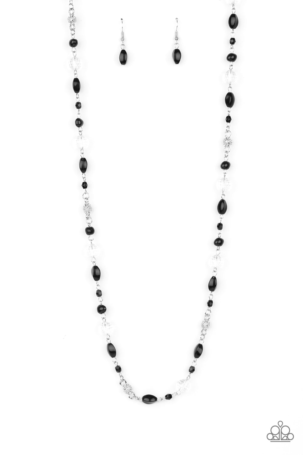 A refined collection of imperfectly shaped black beads, studded silver accents, and opalescent crystal-like beads drape across the chest, creating an elegant display. Features an adjustable clasp closure. Sold as one individual necklace. Includes one pair of matching earrings.