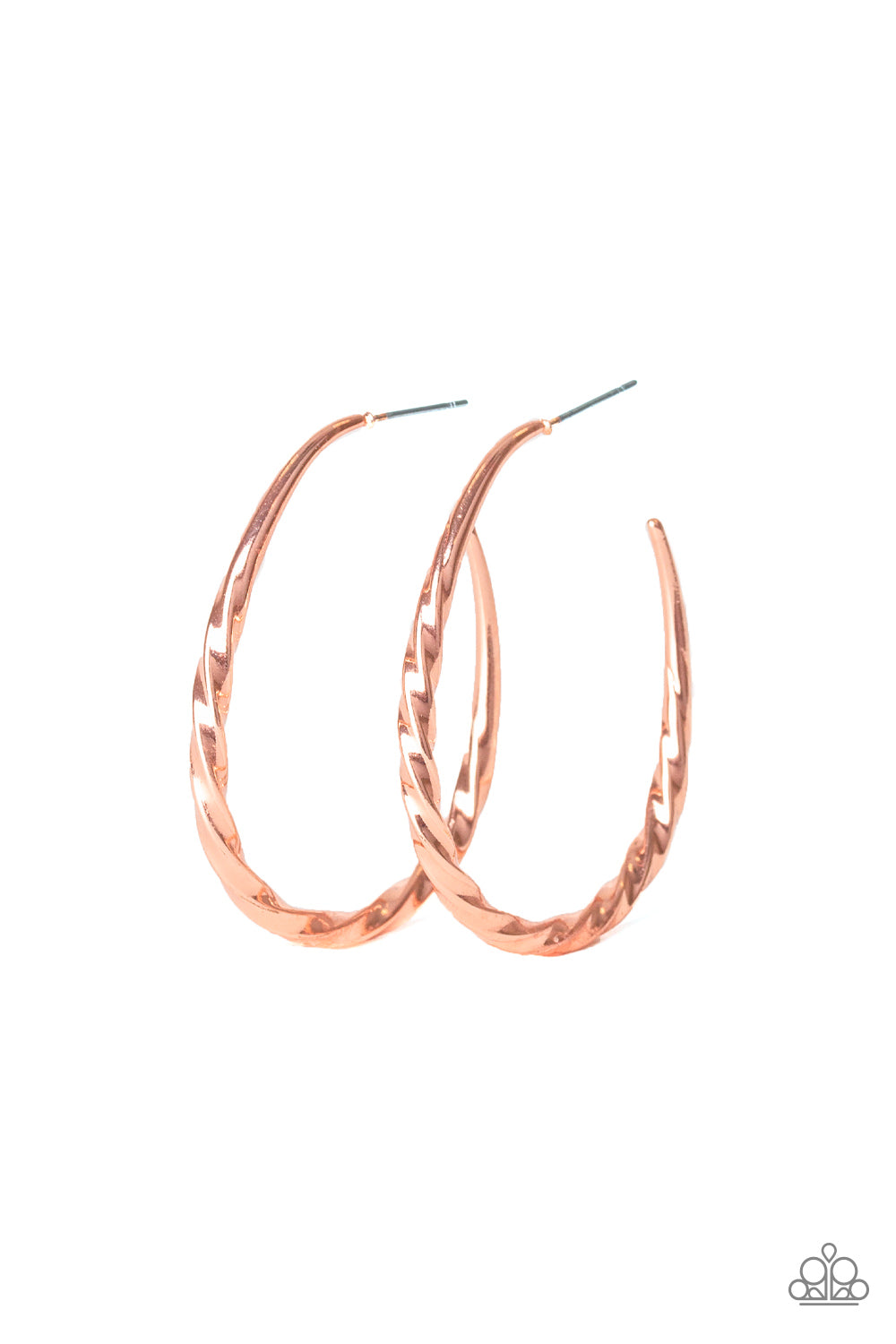 Brushed in a high-sheen shimmer, a shiny copper hoop twists into an asymmetrical oval hoop for a classic look. Earring attaches to a standard post fitting. Hoop measures approximately 1 1/2" in diameter. Sold as one pair of hoop earrings.