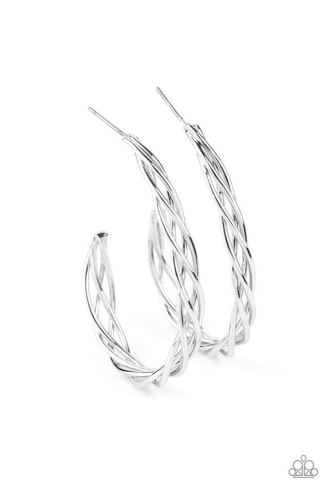 Glistening silver bars delicately twist into a hook shaped hoop for an edgy flair. Earring attaches to a standard post fitting. Hoop measures approximately 1 1/2" in diameter. Sold as one pair of hoop earrings.