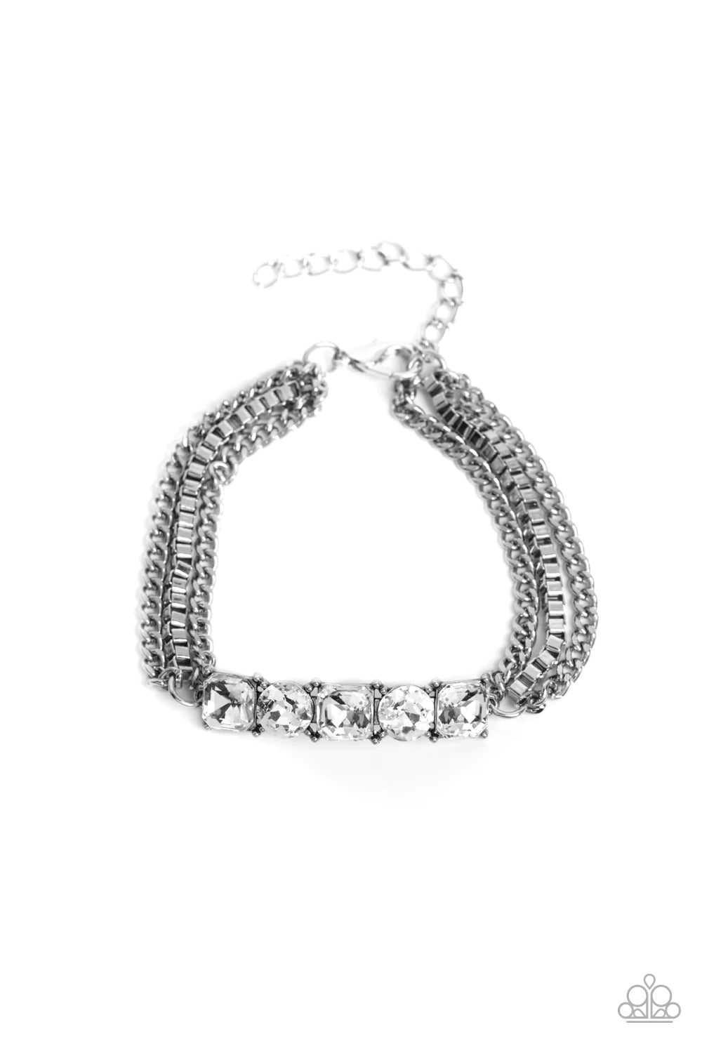 A gritty mix of classic silver and silver box-chains stem from a row of faceted white gems, pressed into circular and square silver frames, creating edgy layers around the wrist. Features an adjustable clasp closure. Sold as one individual bracelet.