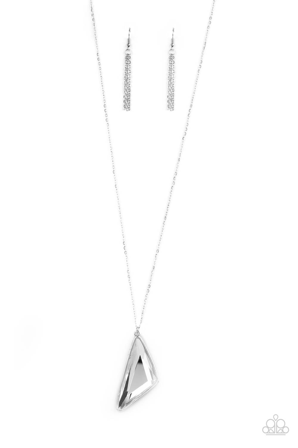 Cut into a striking triangular shape, a faceted white gem swings from the bottom of a lengthened silver chain for an edgy-glamorous fashion. Features an adjustable clasp closure. Sold as one individual necklace. Includes one pair of matching earrings.
