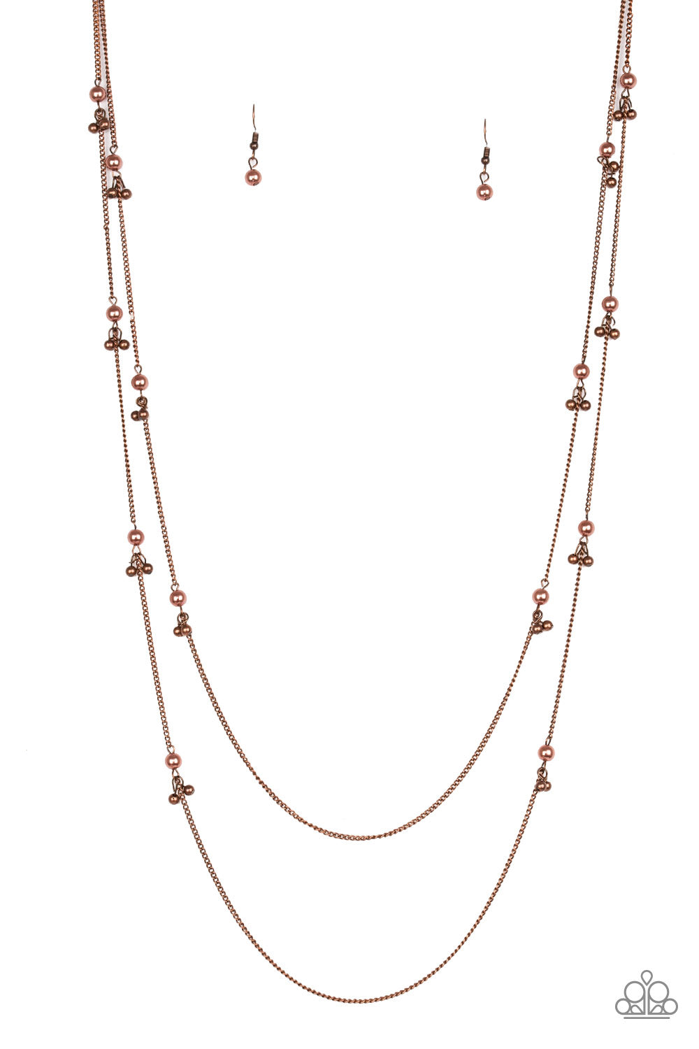 Infused with pearly accents, pairs of copper beads trickle along dainty copper chains for a glamorous look. Features an adjustable clasp closure. Sold as one individual necklace. Includes one pair of matching earrings.
