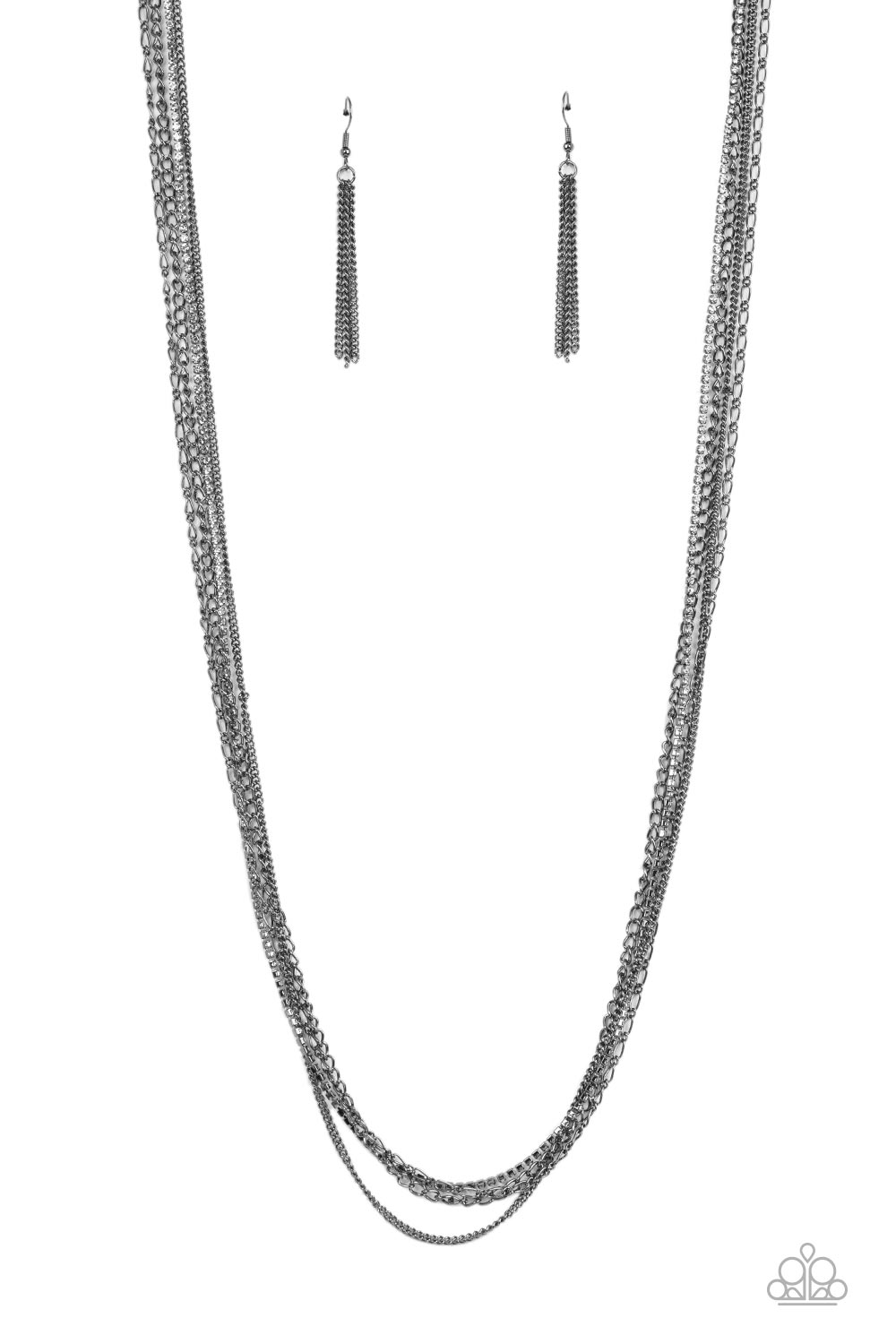 Mismatched strands of extended gunmetal chains layer with a glitzy row of dainty white rhinestones across the chest, resulting in an edgy industrial centerpiece. Features an adjustable clasp closure. Sold as one individual necklace. Includes one pair of black fringe earrings.