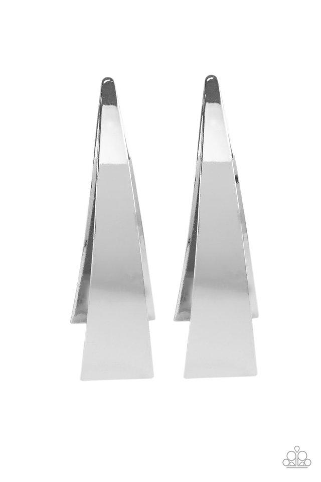 Two flat silver triangular frames delicately stack and curl into an unexpectedly edgy half-hoop. Earring attaches to a standard post fitting. Sold as one pair of post earrings.
