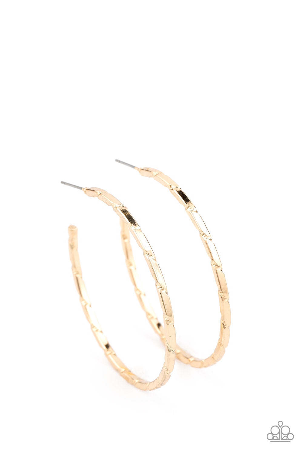 Etched in wraparound diamond-cut textures, a shiny gold hoop curls around the ear for a classic edgy look. Earring attaches to a standard post fitting. Hoop measures approximately 2" in diameter. Sold as one pair of hoop earrings.