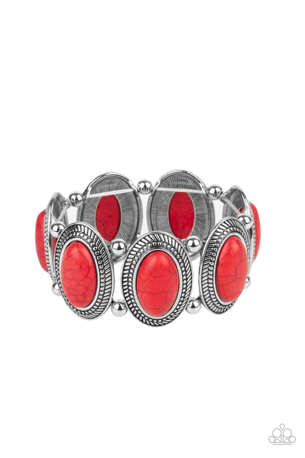 Separated by pairs of silver beads, red stone dotted rustic silver frames are threaded along stretchy bands around the wrist for a seasonal flair. Sold as one individual bracelet.