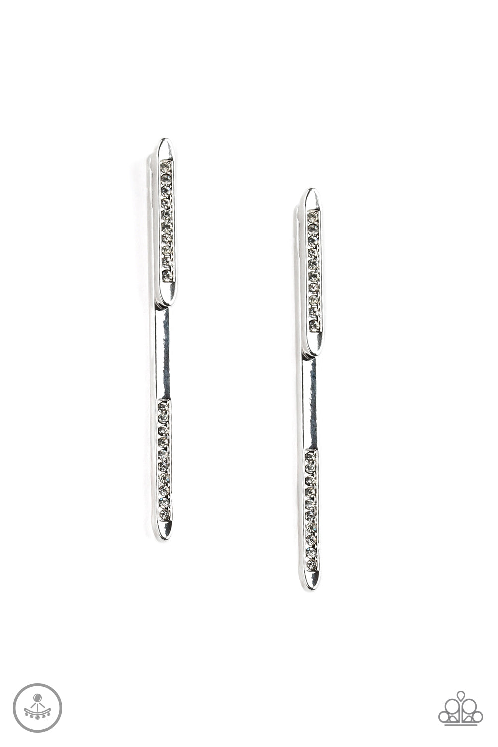 Encrusted in smoky hematite rhinestones, a dainty silver rod attaches to a double-sided post, designed to fasten behind the ear. As if dipped in glittery hematite rhinestones, a larger silver rod peeks out beneath the ear for a bold look. Earring attaches to a standard post fitting. Sold as one pair of double-sided post earrings.