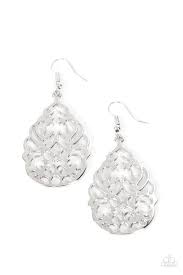 Regal vine-like filigree climbs into a scalloped silver frame, blooming into an airy lure. Earring attaches to a standard fishhook fitting. Sold as one individual earring.