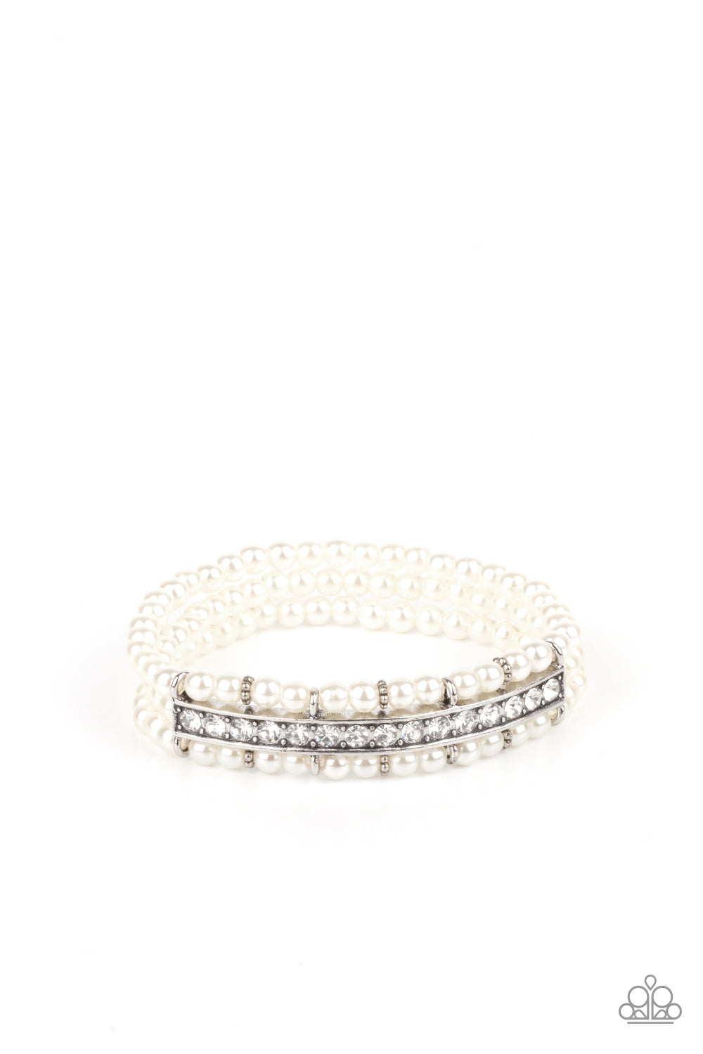 Threaded along stretchy bands, three rows of dainty white pearls are held in place around the wrist by a white rhinestone encrusted centerpiece for a romantic flair.
Sold as one individual bracelet.
