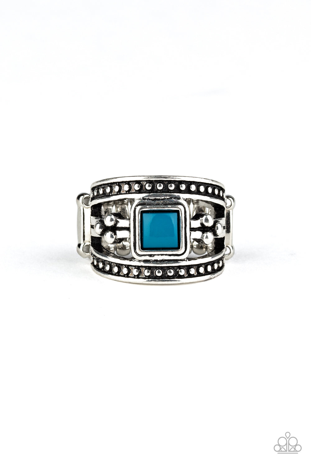 Flanked by studded silver bands, a square Mosaic Blue bead dots the center of a studded center band, creating a colorfully layered band across the finger. Features a stretchy band for a flexible fit. Sold as one individual ring.