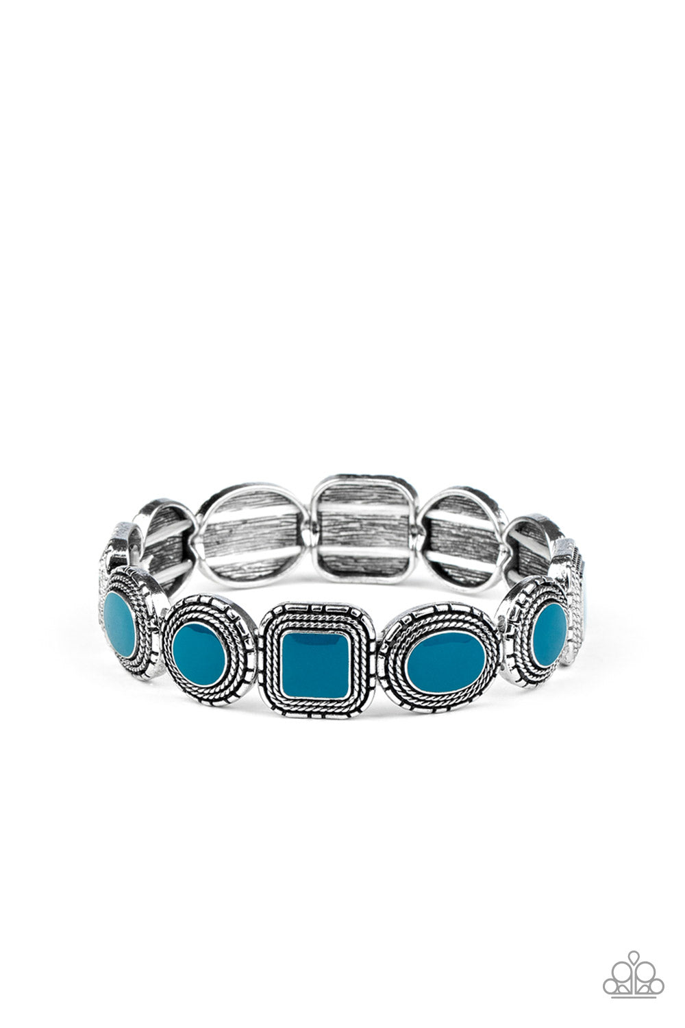 Painted in shiny Mosaic Blue centers, studded oval, round, and square silver frames are threaded along stretchy bands around the wrist for a colorful vintage inspired look. Sold as one individual bracelet.