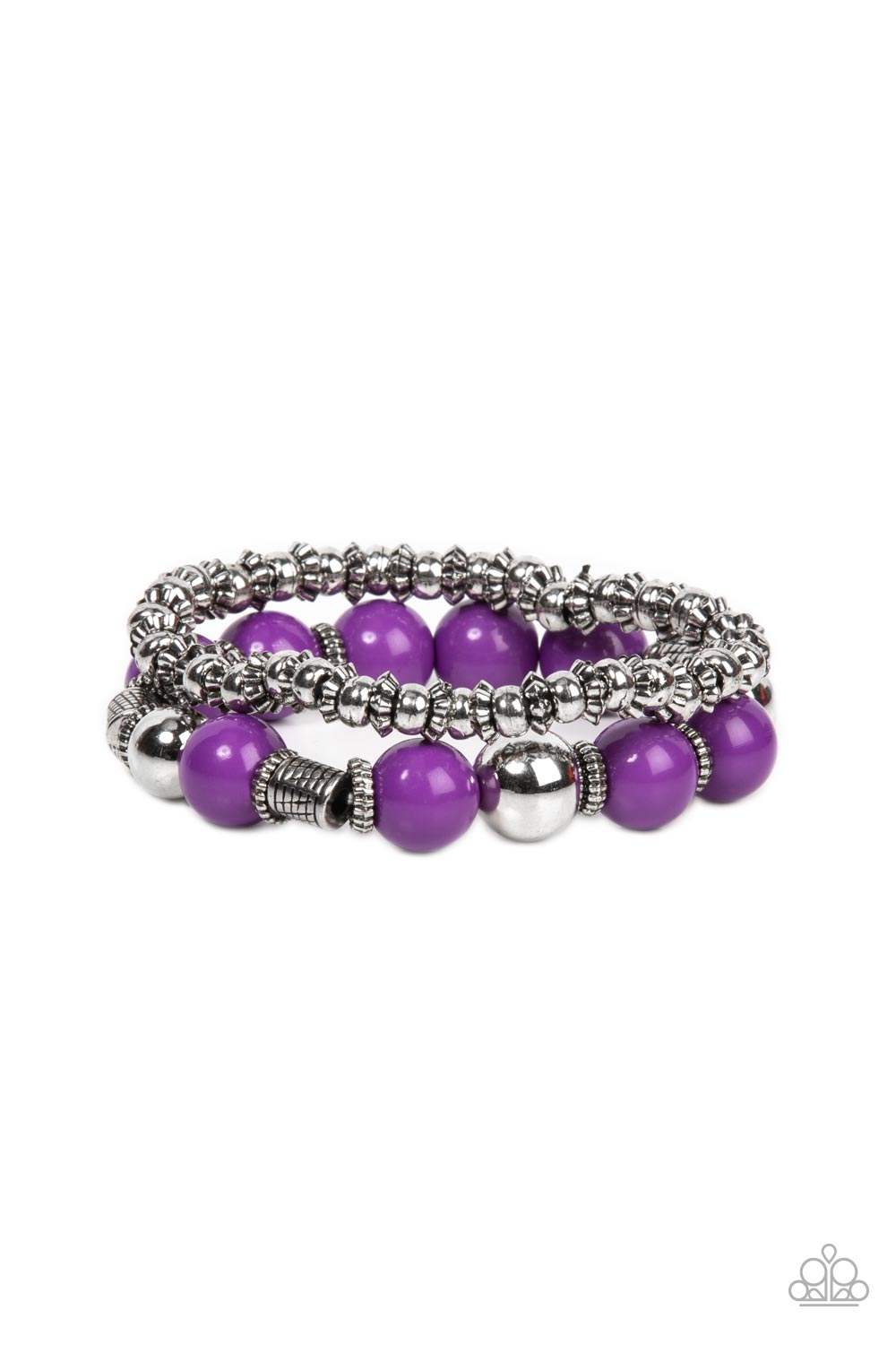Infused with a dainty strand of ornate silver accents, an oversized collection of purple beads, silver beads, and textured silver accents are threaded along stretchy bands around the wrist for a vivacious pop of color. Sold as one pair of bracelets.