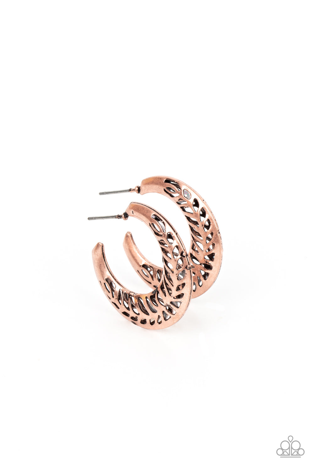 Airy leafy cutouts climb two curved copper frames that join into a rustic hoop, resulting in a seasonal shimmer. Earring attaches to a standard post fitting. Hoop measures approximately 1 1/4" in diameter. Sold as one pair of hoop earrings.