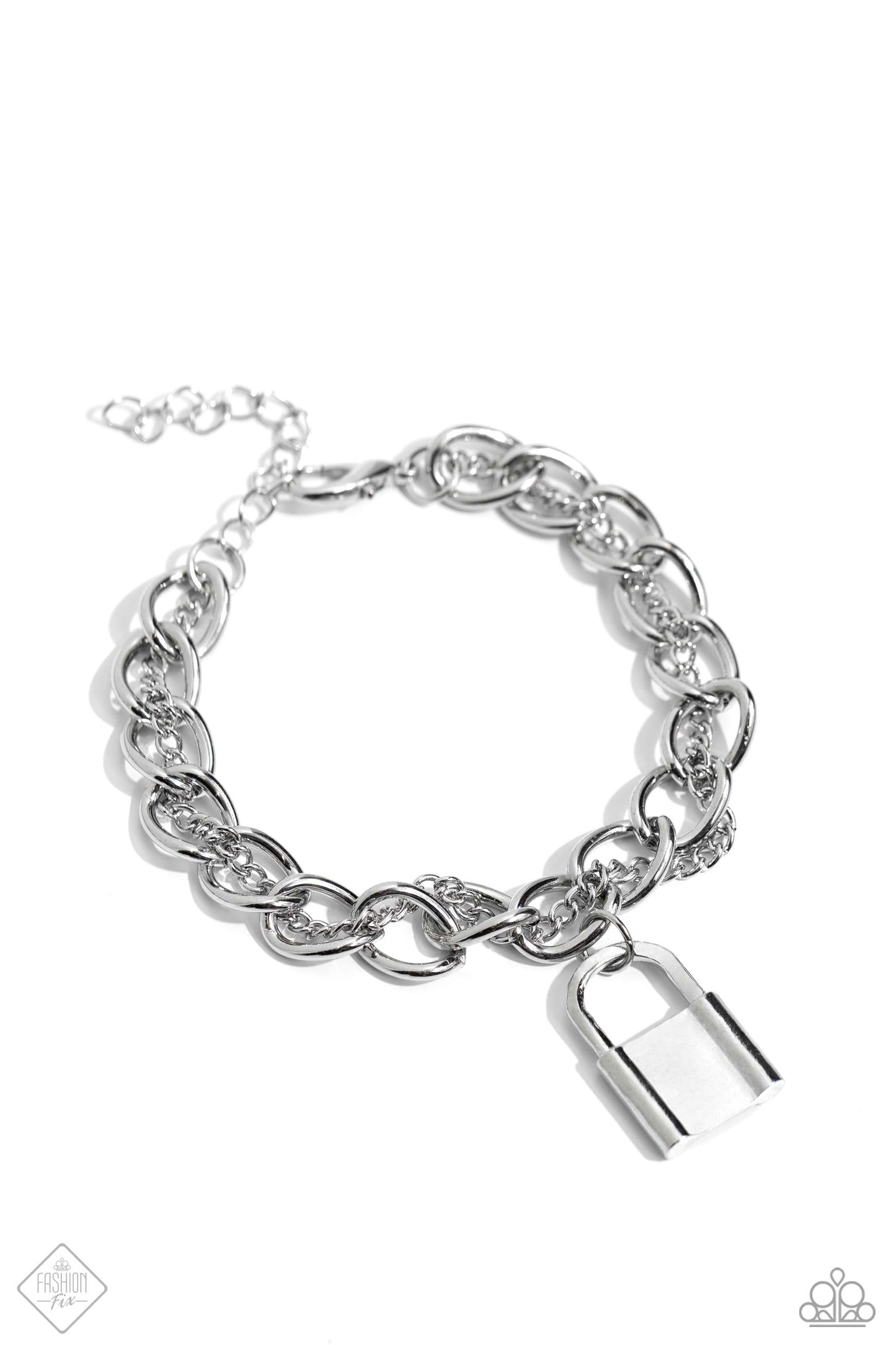 A strand of rounded silver curb chain is infused with a strand of classic silver chain that twists and curves around and through its high-sheen links. A silver lock charm dangles from the mismatched chains for an edgy finish. Features an adjustable clasp closure. Sold as one individual bracelet.