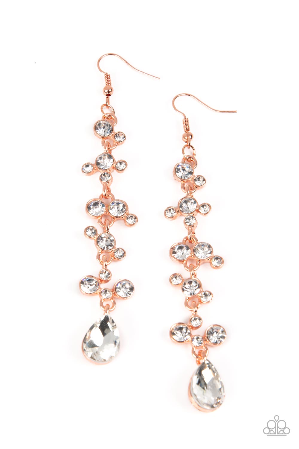 Encased in shiny copper fittings, dainty clusters of sparkly white rhinestones delicately link into an elegantly elongated lure. An oversized teardrop rhinestone drips from the bottom, adding a dash of drama to the glamorously dazzling display. Earring attaches to a standard fishhook fitting. Sold as one pair of earrings.