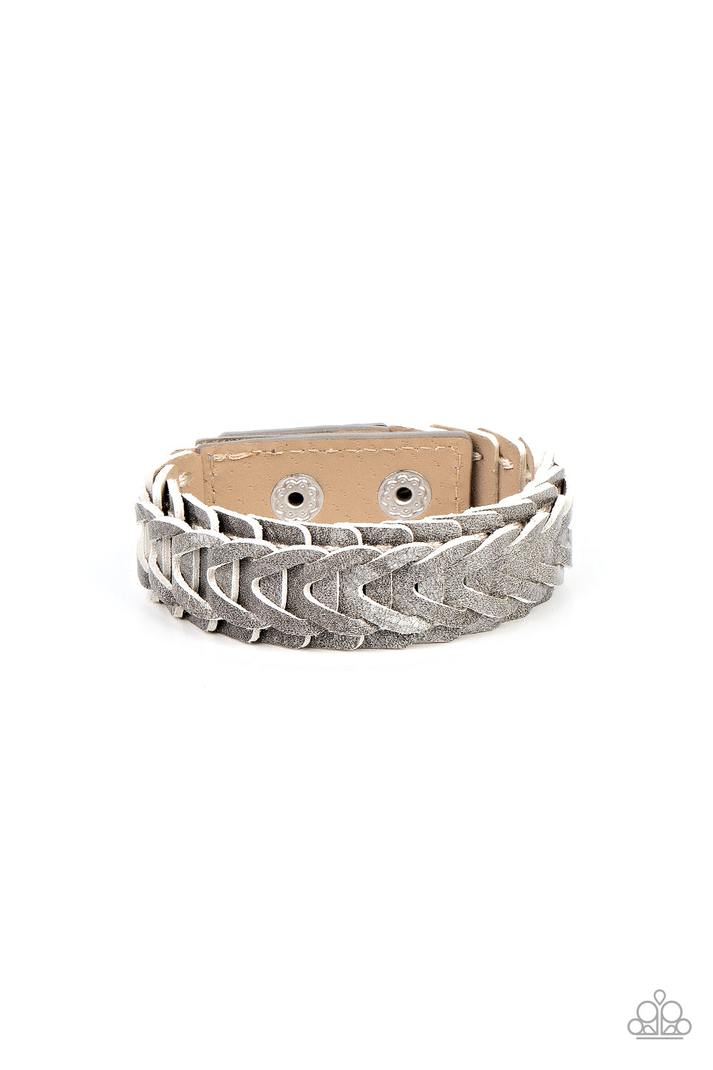 Overlapping gray leather frames delicately interlock into a rustic pattern around the wrist for a seasonal fashion. Features an adjustable snap closure. Sold as one individual bracelet.