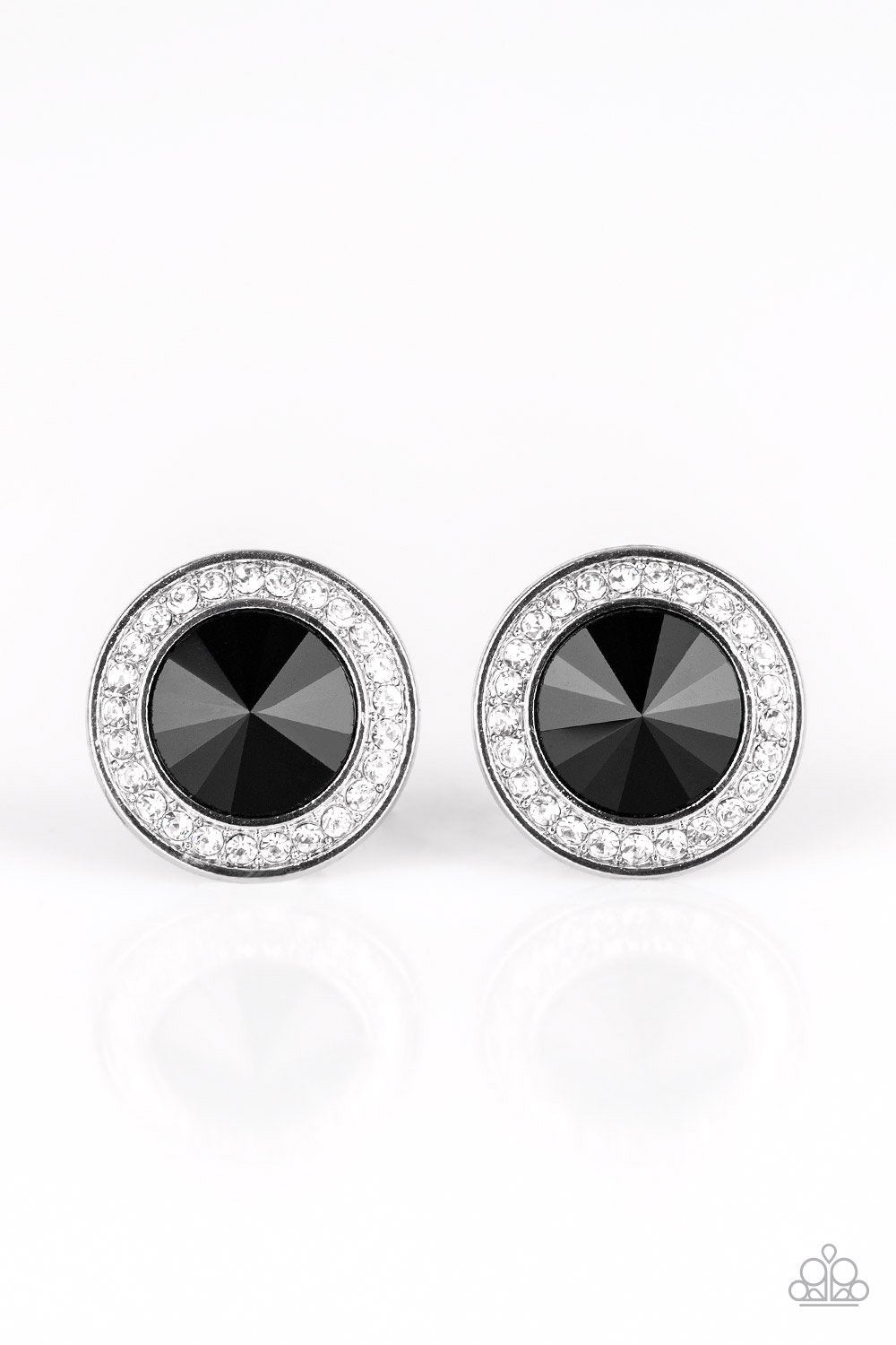 A faceted black gem is pressed into the center of a shimmery silver frame encrusted in a ring of glassy white rhinestones for a timeless fashion. Earring attaches to a standard post fitting. Sold as one pair of post earrings.