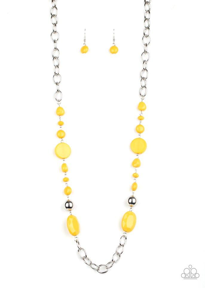 Varying in size and shape, flat and faceted yellow beads link with a pair of classic silver beads along sections of bold silver links, coalescing into a colorful display across the chest. Features an adjustable clasp closure. Sold as one individual necklace. Includes one pair of matching earrings.