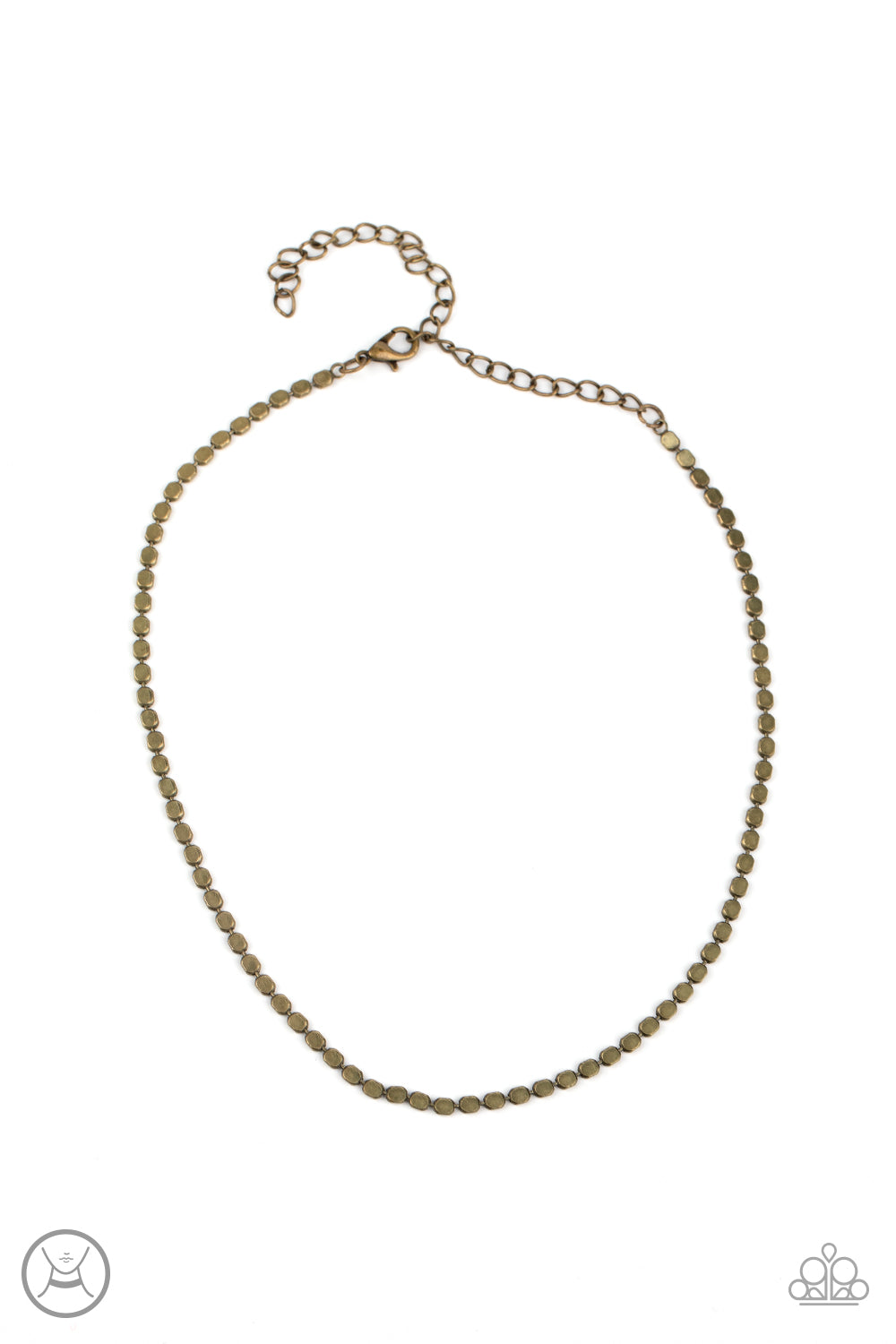 Dainty brass beads are threaded along an antiqued brass wire around the neck, creating a minimalist inspired edge. Features an adjustable clasp closure. Sold as one individual choker necklace. Includes one pair of matching earrings.