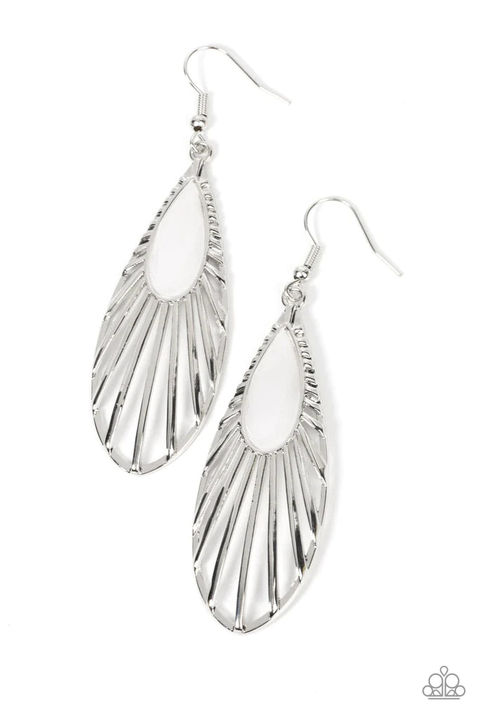 Reminiscent of a butterfly wing, shiny silver bars flare out from an opaque gray teardrop bead and delicately connect into a whimsical frame. Earring attaches to a standard fishhook fitting. Sold as one pair of earrings.