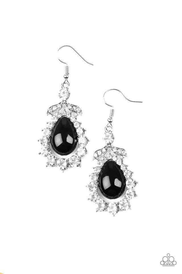 Gradually increasing in size near the center, glassy white rhinestones join around a shiny black teardrop center. A solitaire white rhinestone and leafy silver frame crown the top of the frame for a glamorous finish. Earring attaches to a standard fishhook fitting.  Sold as one pair of earrings.