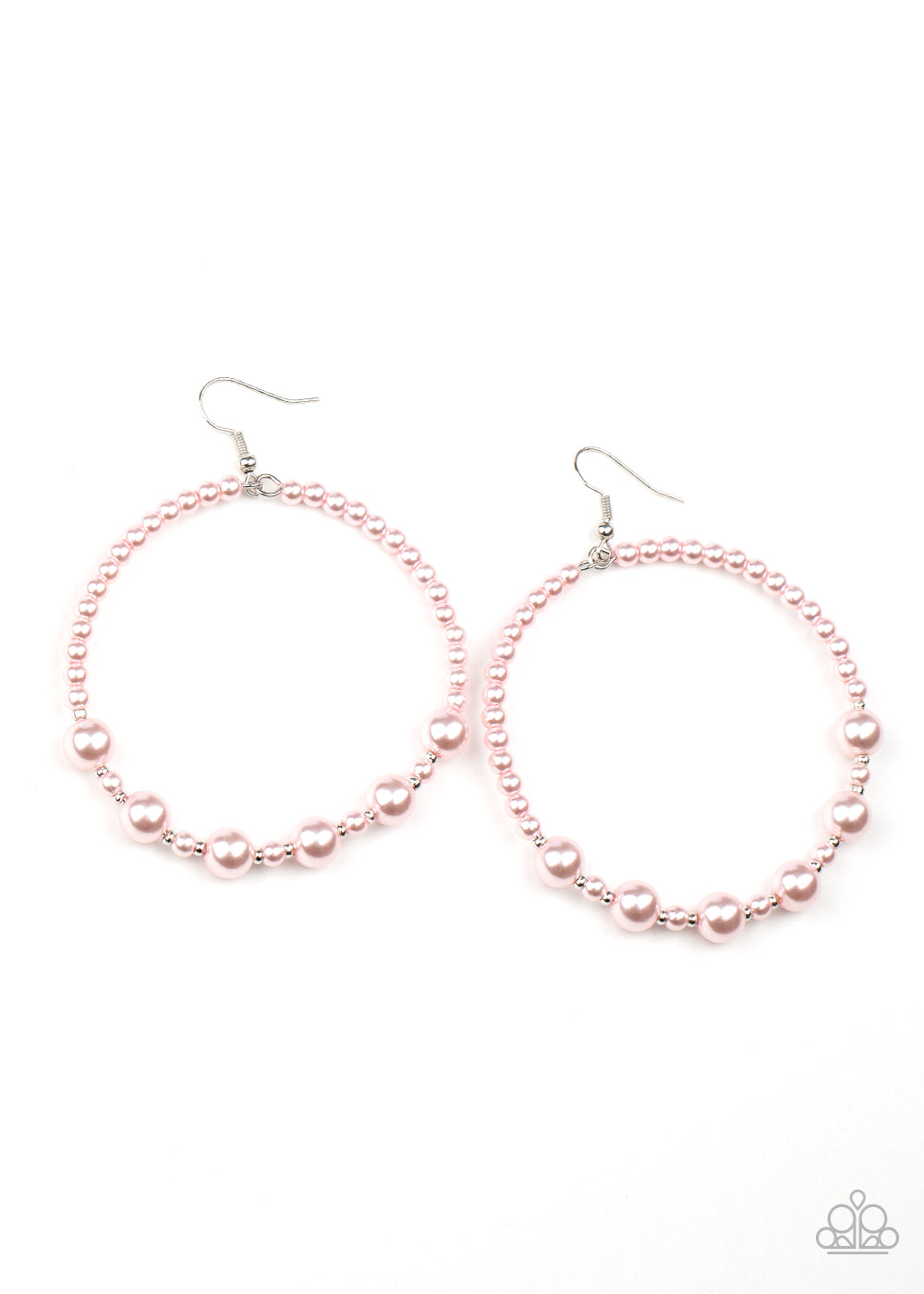 Varying in shape and size, a bubbly array of polished pearly pink and dainty silver accents glide along a wire hoop for a classy finish. Earring attaches to a standard fishhook fitting.  Sold as one pair of earrings.