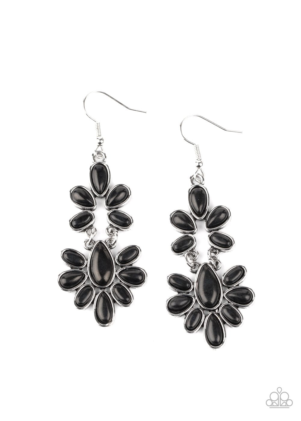 Encased in sleek silver frames, earthy black stone teardrop frames delicately link into a wildly wonderfully floral pattern. Earring attaches to a standard fishhook fitting.  Sold as one pair of earrings.