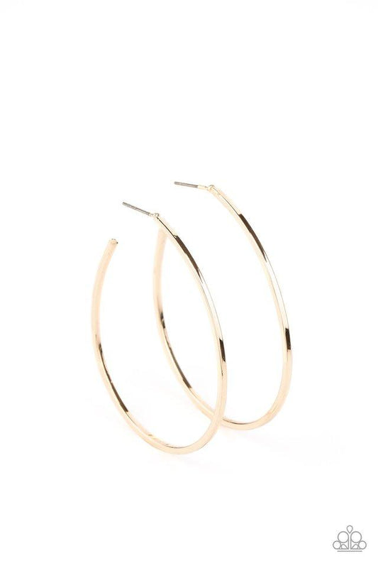 A glistening gold bar unexpectedly curls into an edgy shaped hoop for an abstract look. Earring attaches to a standard post fitting. Hoop measures approximately 1 3/4" in diameter.  Sold as one pair of hoop earrings.