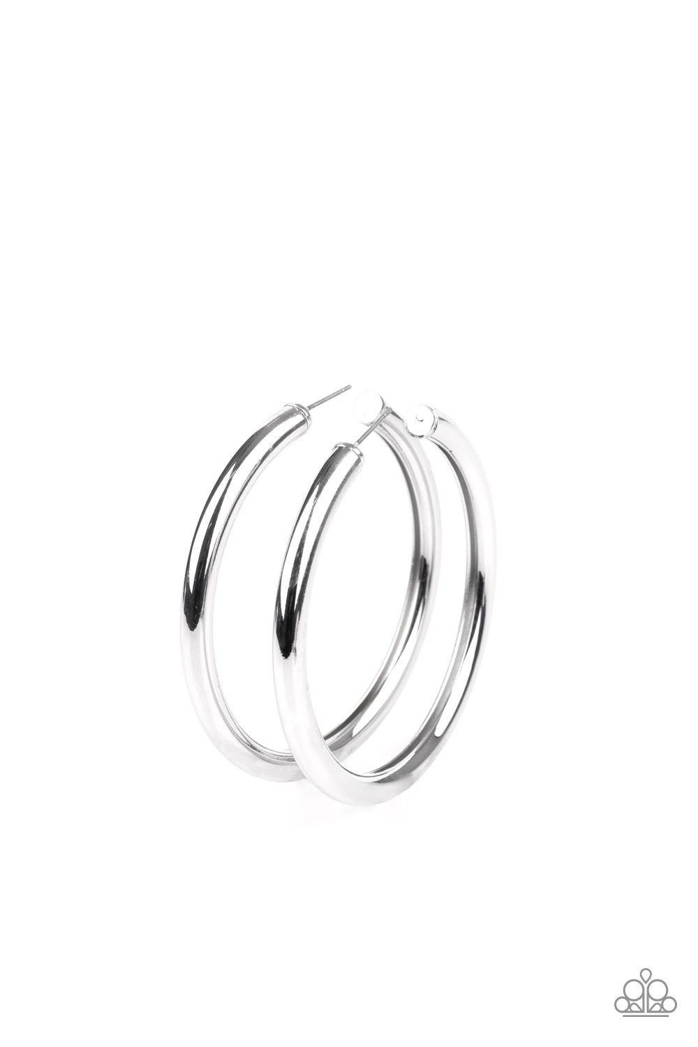 A thick silver bar delicately curls into a glistening oversized hoop for a retro look. Earring attaches to a standard post fitting. Hoop measures approximately 2 1/4" in diameter.  Sold as one pair of hoop earrings.
