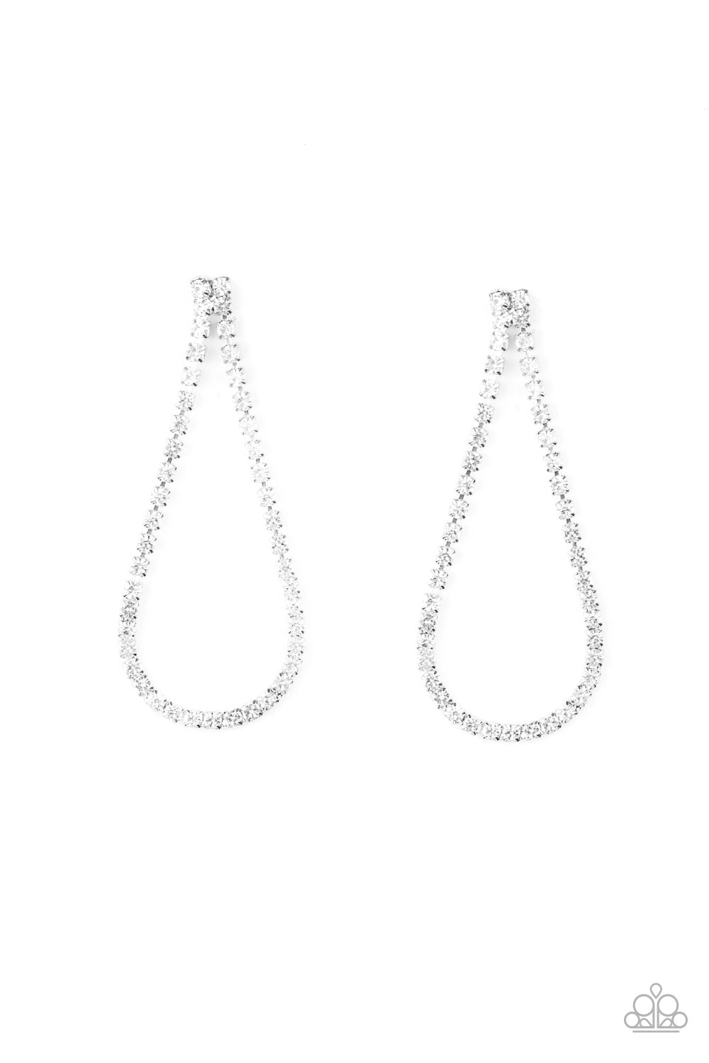 Infused with sleek silver fittings, a strand of glittery white rhinestones loops in a teardrop frame for a glamorous look. Earring attaches to a standard post fitting.  Sold as one pair of post earrings.