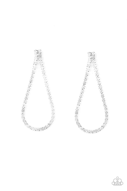 Infused with sleek silver fittings, a strand of glittery white rhinestones loops in a teardrop frame for a glamorous look. Earring attaches to a standard post fitting.  Sold as one pair of post earrings.