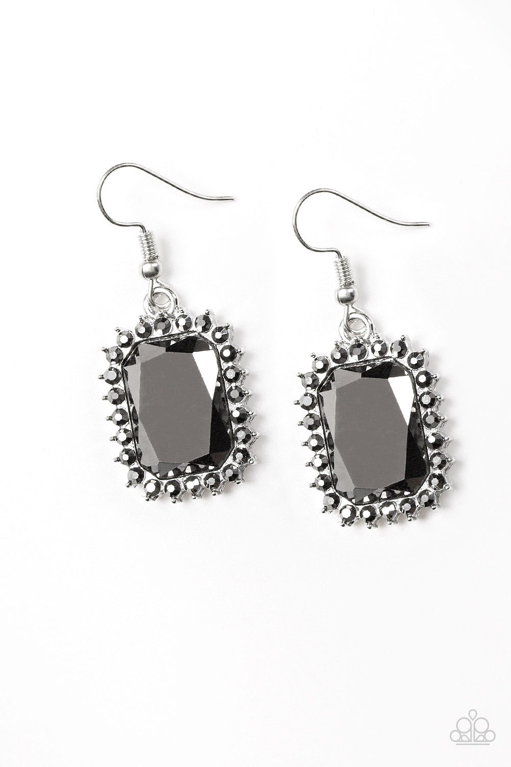 Featuring a regal emerald-style cut, a smoky hematite gem is pressed into a sleek silver frame radiating with dainty hematite rhinestones. Earring attaches to a standard fishhook fitting.  Sold as one pair of earrings.