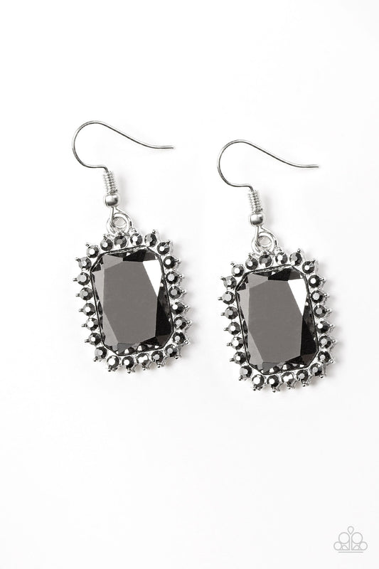 Featuring a regal emerald-style cut, a smoky hematite gem is pressed into a sleek silver frame radiating with dainty hematite rhinestones. Earring attaches to a standard fishhook fitting.  Sold as one pair of earrings.