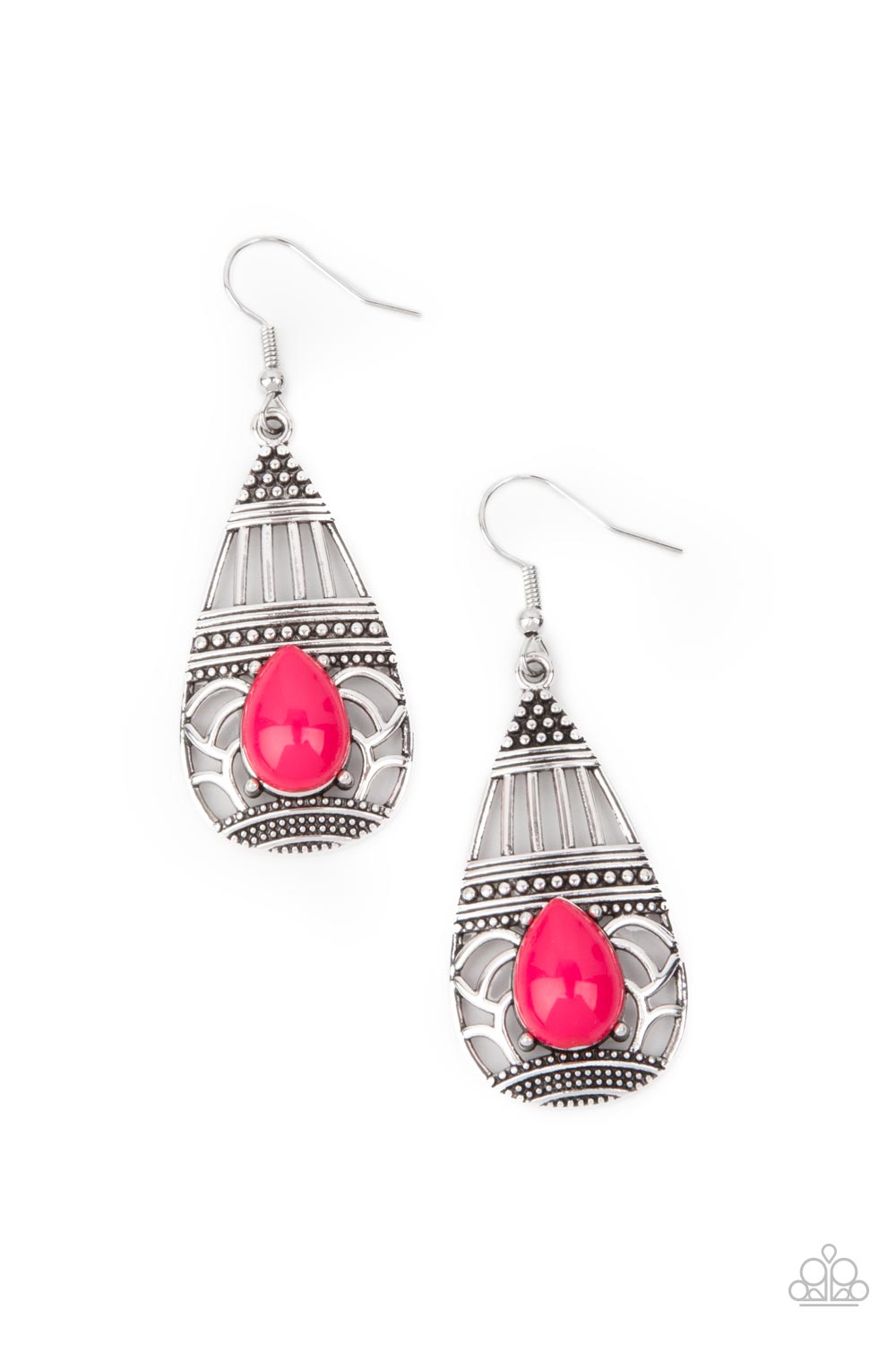 The studded front of an ornately stenciled silver teardrop is embellished with a vivacious pink teardrop bead, creating a whimsically colorful frame. Earring attaches to a standard fishhook fitting.  Sold as one pair of earrings.