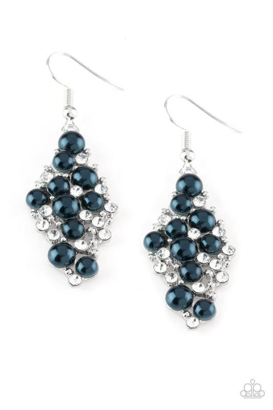 Bubbly blue pearls, dainty silver studs, and radiant white rhinestones coalesce into an elegant lure. Earring attaches to a standard fishhook fitting.  Sold as one pair of earrings.