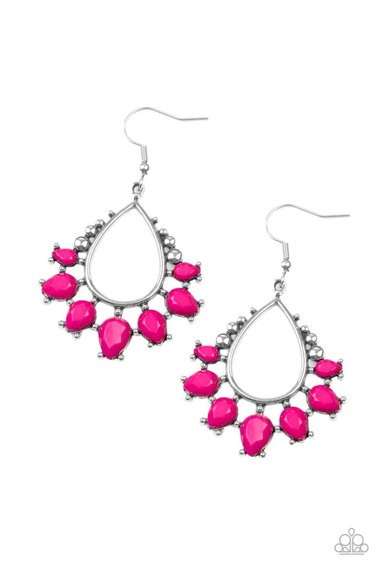Featuring studded pronged fittings, faceted Fuchsia Fedora teardrop beads flare out from the bottom of an airy silver teardrop frame for a vivacious pop of color. Earring attaches to a standard fishhook fitting.  Sold as one pair of earrings.