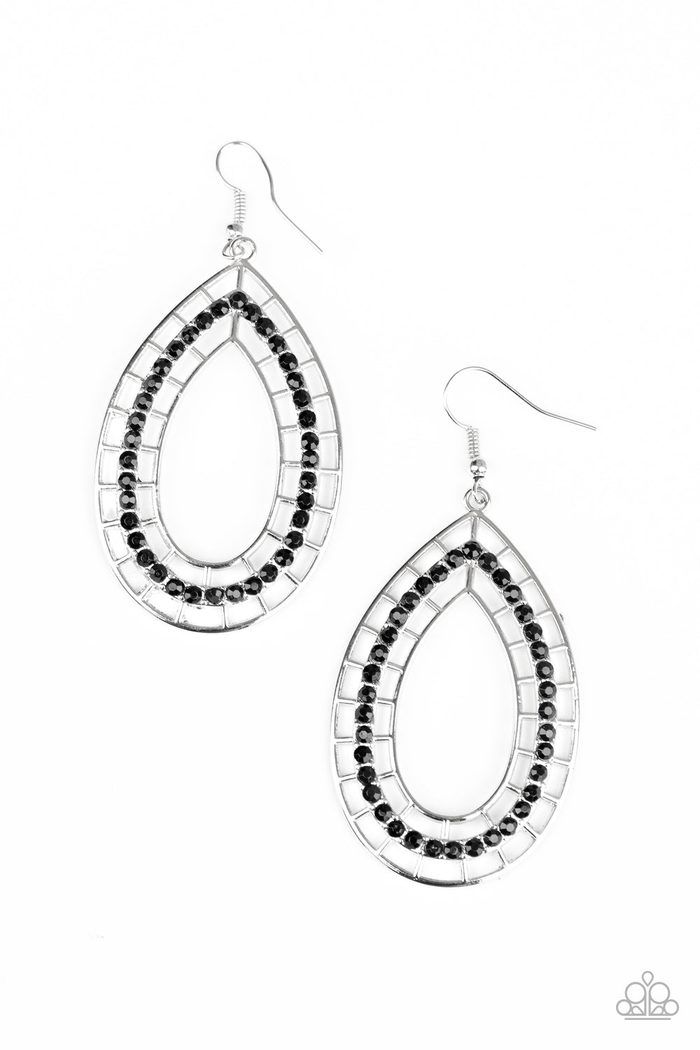 Faceted black beads dot the front of a stenciled silver teardrop, creating a chic lure. Earring attaches to a standard fishhook fitting.  Sold as one pair of earrings.