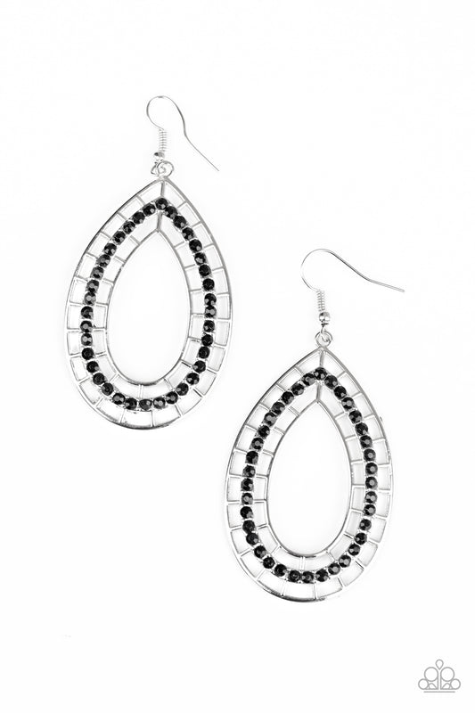 Faceted black beads dot the front of a stenciled silver teardrop, creating a chic lure. Earring attaches to a standard fishhook fitting.  Sold as one pair of earrings.