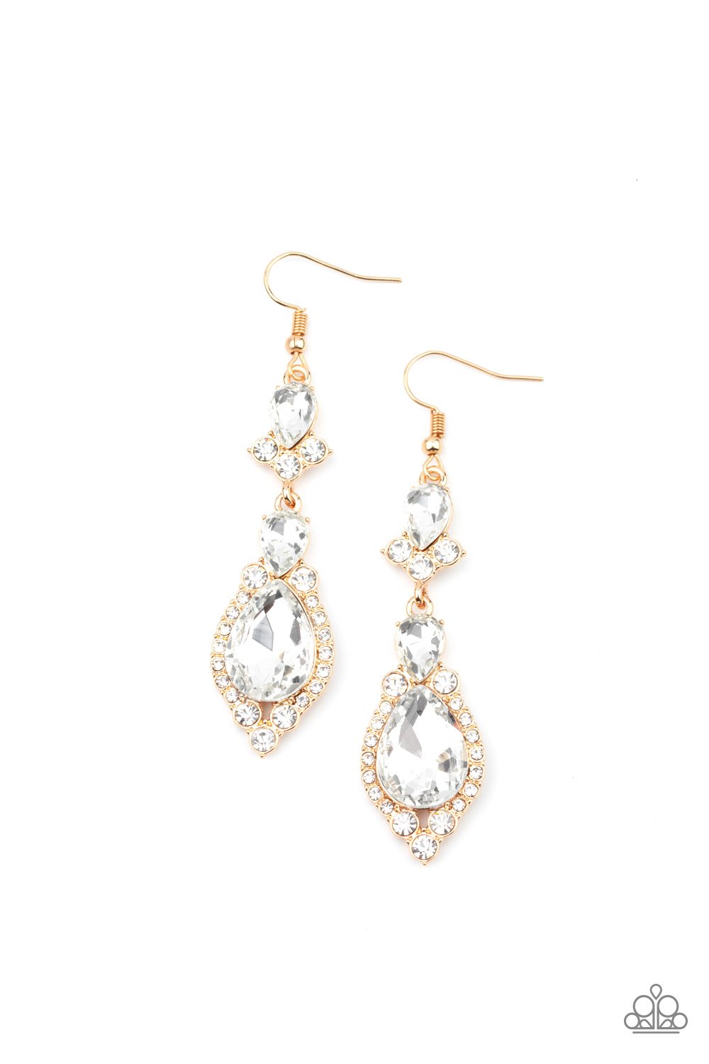 Encased in sleek gold frames, a sparkly series of round and teardrop white rhinestones flawlessly stack into a timelessly twinkly lure for a jaw-dropping look. Earring attaches to a standard fishhook fitting.  Sold as one pair of earrings.
