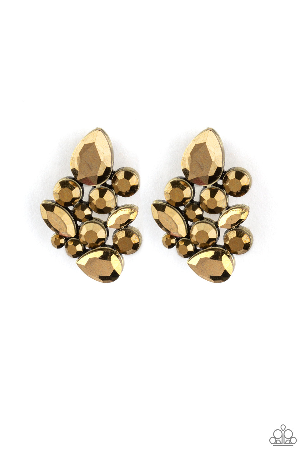 Featuring an array of round, teardrop, and marquise style cuts, a collision of aurum rhinestones explode into a blinding frame. Earring attaches to a standard post fitting.  Sold as one pair of post earrings.