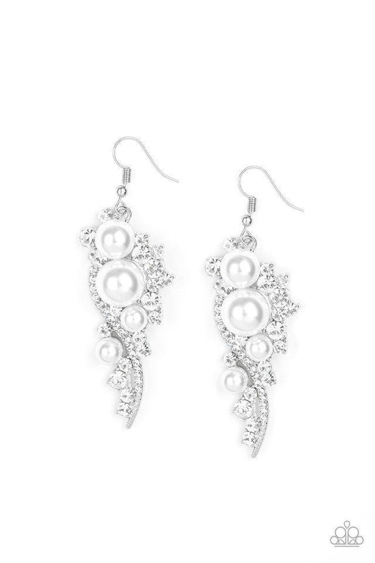Bubbly white pearls dot a glistening silver frame interwoven with ribbons of glittery white rhinestones, creating an elegant lure. Earring attaches to a standard fishhook fitting.  Sold as one pair of earrings.