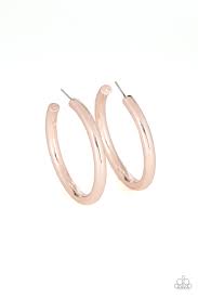 A thick rose gold bar curves into a classic hoop, creating a casual shimmer. Earring attaches to a standard post fitting. Hoop measures approximately 1 3/4" in diameter.  Sold as one pair of hoop earrings.