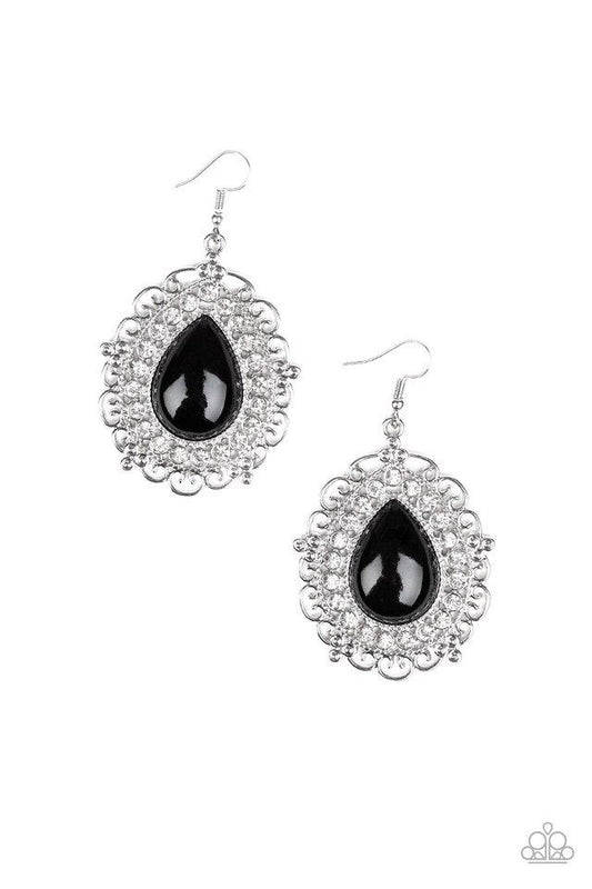 An oversized black teardrop bead is pressed into a swirling silver backdrop encrusted in a dazzling ring of glassy white rhinestones for a glamorous finish. Earring attaches to a standard fishhook fitting.  Sold as one pair of earrings.