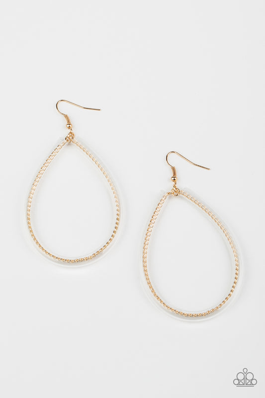 A dainty gold chain-like wire is threaded through the center of an invisible tube, creating an edgy teardrop. Earring attaches to a standard fishhook fitting.  Sold as one pair of earrings.