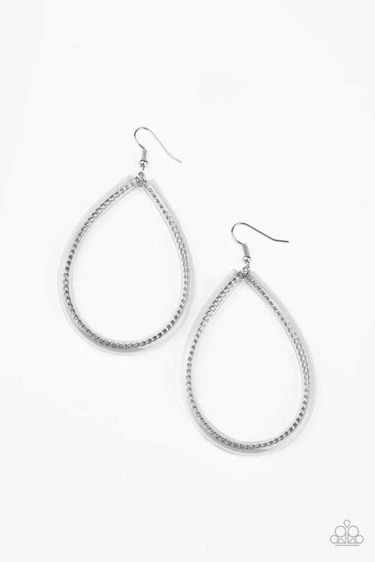A dainty silver chain-like wire is threaded through the center of an invisible tube, creating an edgy teardrop. Earring attaches to a standard fishhook fitting.  Sold as one pair of earrings.